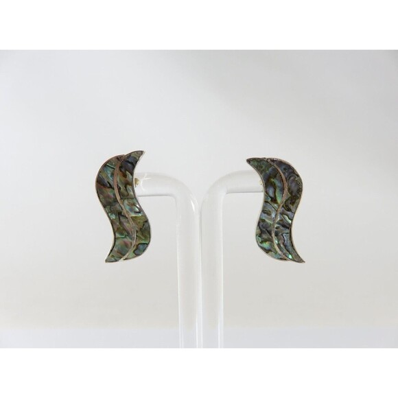 Vintage Modernist Wavy Abalone & Sterling G Taxco Mexico Silver Screw Back Earri - Picture 1 of 9